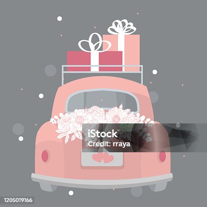 istock Wedding pink retro car. Vector illustration. 1205019166