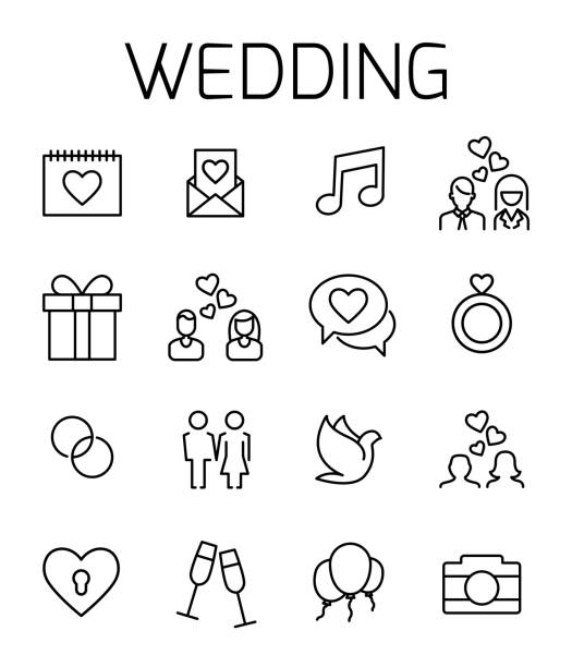 illustrations, cliparts, dessins animés et icônes de icône de vecteur connexes de mariage défini. - photographe mariage