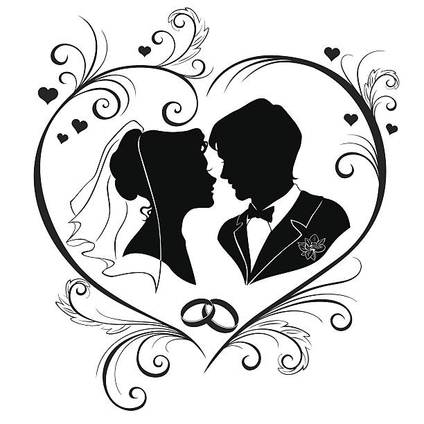 Wedding silhouettes in the hear frame Wedding silhouettes in the hear frame wedding silhouettes stock illustrations