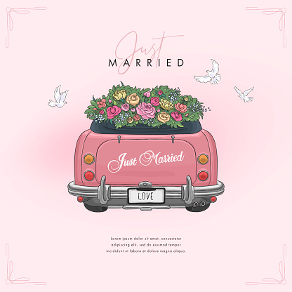 Wedding square banner design template with hand drawn wedding car. Vector illustration