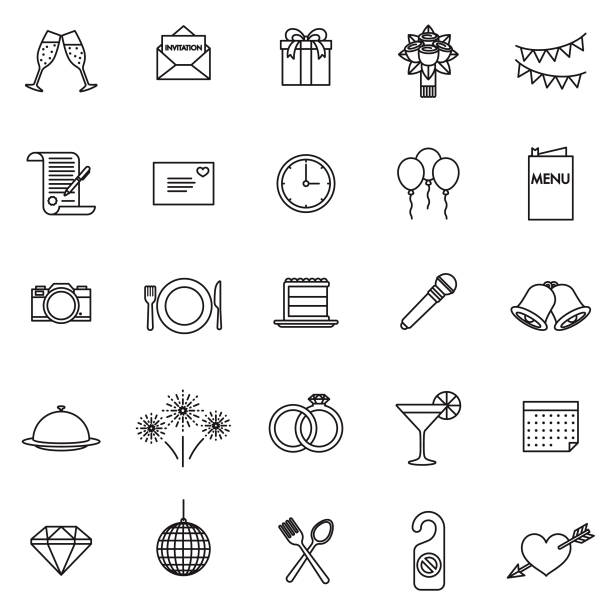 Wedding Thin Line Icon Set A set of 25 thin line icons in a contemporary style. The vector EPS file is built in the CMYK color space for optimal printing. cocktail clipart stock illustrations