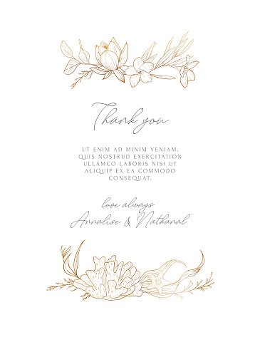 Wedding vector background with sea compositions. Modern design for wedding card, invitation, birthday, cover, flyer, brochure. Sketched floral branches, shell, sea elements, algae, gold background.