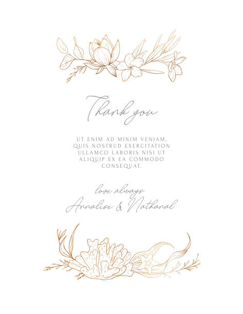 Wedding vector background with sea compositions. Modern design for wedding card, invitation, birthday, cover, flyer, brochure. Sketched floral branches, shell, sea elements, algae, gold background. Wedding vector background with sea compositions. Modern design for wedding card, invitation, birthday, cover, flyer, brochure. Sketched floral branches, shell, sea elements, algae, gold background. beach borders stock illustrations