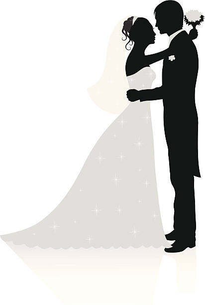 Wedding. Silhouettes of groom and bride standing and hugging. wedding silhouettes stock illustrations