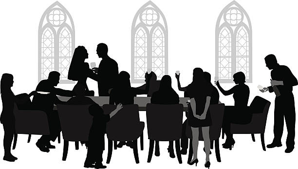 WeddingReception Guests toast the bride and groom at a wedding reception. wedding silhouettes stock illustrations