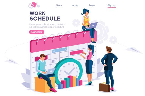 Week Schedule Daily Plan Concept Week schedule, daily plan, work organizer. People and text, characters concept for web banner, infographics, hero images. Flat isometric vector illustration isolated on white background arrival departure board stock illustrations
