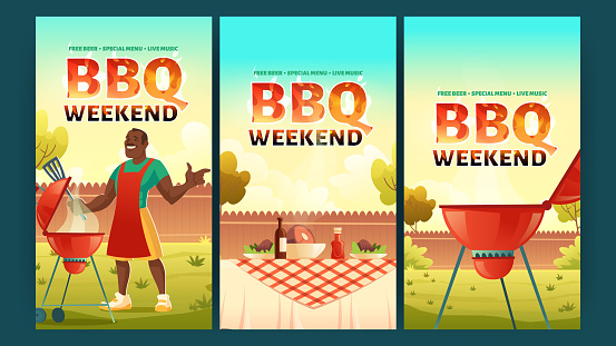 BBQ weekend banners with man and grill on backyard