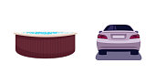 Weekend entertainment semi flat RGB color vector illustration set. Hot tub for relaxation. Bathtub with bubbles. Auto for driving. Private luxury isolated cartoon object on white background collection