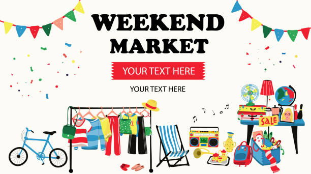 weekend market Weekend market banner with second hand shop doodle selling all old things like, clothes, suitcases, shoes, map, lamp and furnitures, all on white background, illustration, vector garage borders stock illustrations