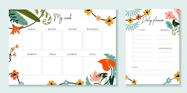 Weekly and daily planner template with flowers Weekly and daily planner template with flowers vector illustration. Notebook or sticker with to do list, days and empty squares. Journal for effective work, organization and time management calendars templates stock illustrations