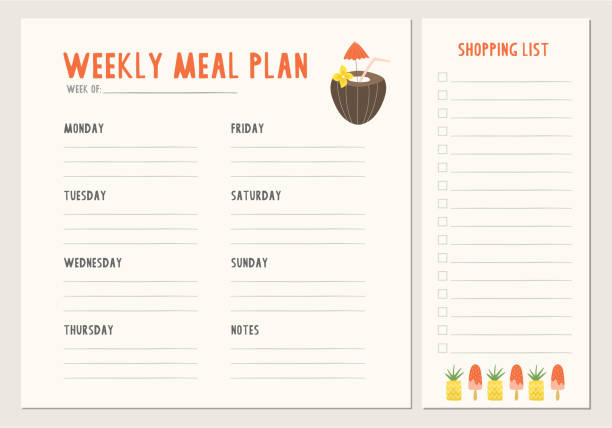 Weekly meal plan. Menu template. Weekly meal plan. Menu template. supermarket borders stock illustrations