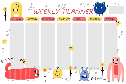 Weekly planner. Cute monsters cartoon notebook sheet template, poster for kids, mutants or aliens spooky character childish stationery design, pastel colors, vector comic flat isolated concept