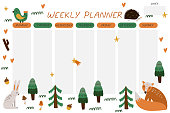 Weekly planner. Forest animals cartoon notebook sheet template, woodland poster for kids, scandinavian childish stationery design, cute fox, hare and bird, vector comic flat style isolated concept