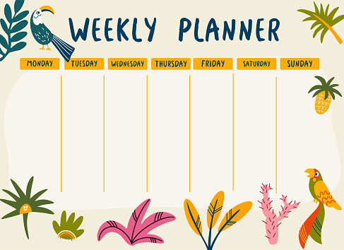 Weekly planner jungle. Planner with parrots and tropical leaves. Template for sticky notes, planners, check lists, journal and other stationery. Elementary school student. Vector illustration.