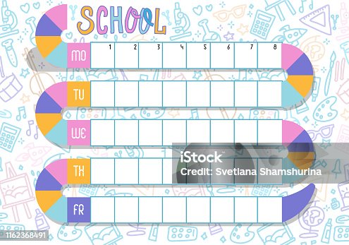 istock Weekly planner. Multicolored vector schedule. School Timetable of lessons for students with snake track. Children design, Vector School weekly planning. School supplies hand drawn doodle illustration 1162368491