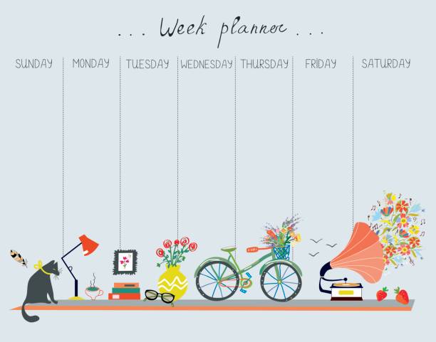 Weekly planner with cute design - home objects, cat, bicycle, flowers, music. Vector  illustration vector art illustration