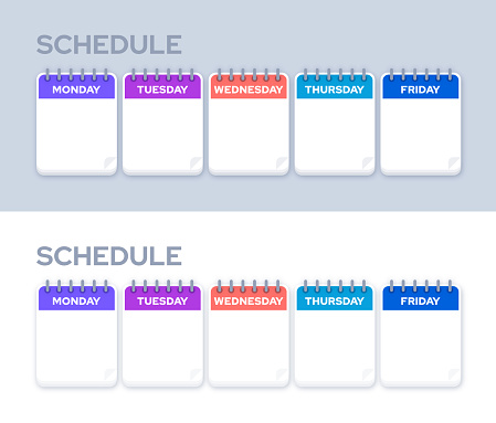 Weekly Five day work week planning calendar schedule.