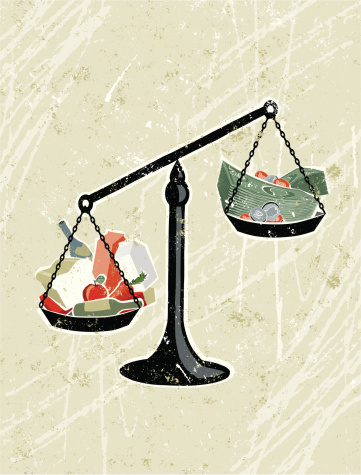 Cost of Living! A stylized vector cartoon of Money, notes and coins and food on some weighing scales, the style is  reminiscent of an old screen print poster, suggesting cost of living, inflation, home finance or balancing books. Food, money, scales, paper texture and background are on different layers for easy editing. Please note: clipping paths have been used,  an eps version is included without the path.