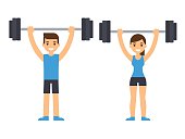 Man and woman bodybuilders lifting barbell over head. Weightlifting illustration. Flat style cartoon vector illustration.