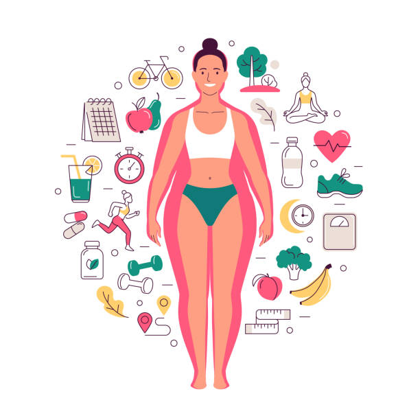 Weight loss concept. Vector illustration of cartoon young woman with slim body in underwear over the overweight body silhouette surrounded by healthy lifestyle icons. Isolated on white background. dieting illustrations stock illustrations