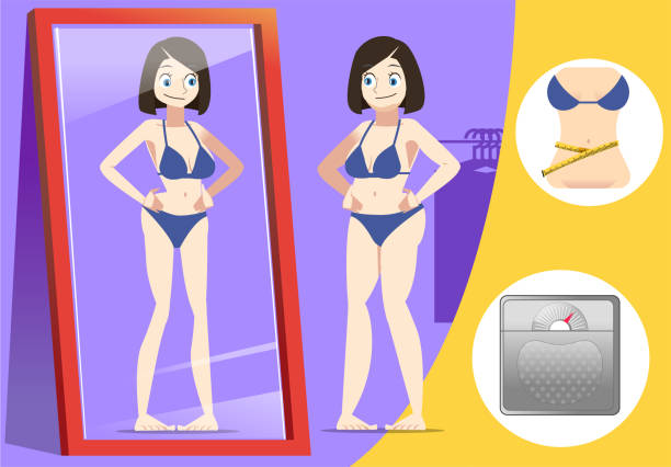 Weight loss for women. Disease Think Yourself Thin.Health care properly. Popular shape. Weight loss for women. Disease Think Yourself Thin.Health care properly. Popular shape. cartoon of fat lady in swimsuit stock illustrations