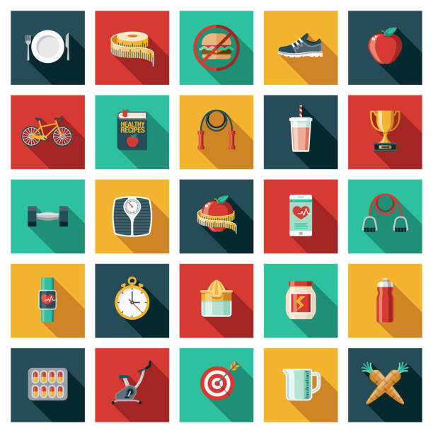 Weight Loss Icon Set A set of square flat design icons with a long side shadow. File is built in the CMYK color space for optimal printing. Color swatches are global so it’s easy to edit and change the colors. smoothie clipart stock illustrations