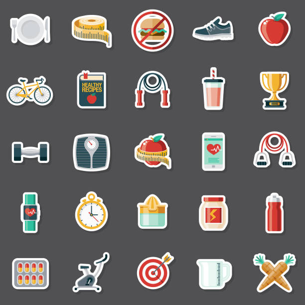 Weight Loss Sticker Set A set of flat design icons in a sticker type format. File is built in the CMYK color space for optimal printing. Color swatches are global so it’s easy to edit and change the colors. smoothie clipart stock illustrations