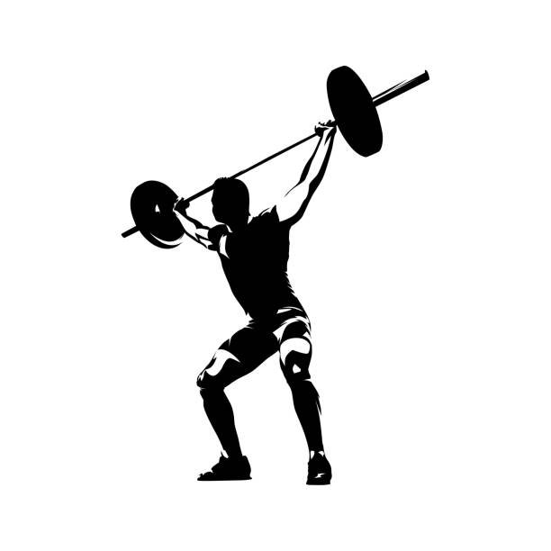 weightlifter hebt große langhantel, abstrakt isolierte vektorsilhouette. tinte zeichnung. gesundheit - gewichtheben stock-grafiken, -clipart, -cartoons und -symbole