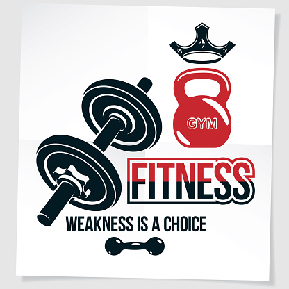 Weight-lifting vector motivation poster composed using disc weight dumbbell and kettle bell sport equipment. Weakness is a choice lettering.