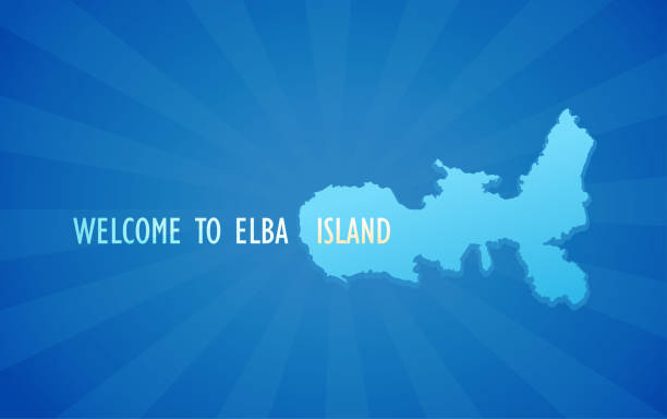 illustrazioni stock, clip art, cartoni animati e icone di tendenza di wekcome all'isola d'elba. blu - banner vettoriale con silhouette dell'isola d'elba. illustrazione di viaggio di stile per tour to italy. - isola d'elba