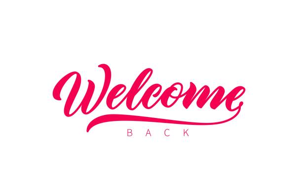 Welcome Back hand drawn lettering. Welcome Back hand drawn lettering. Vector isolated calligraphy inscription. Welcome, red lettering. Ready text isolated on white background. back stock illustrations