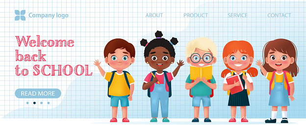 Welcome back to school banner with cute multinational kids. Vector illustration in cartoon 3d style