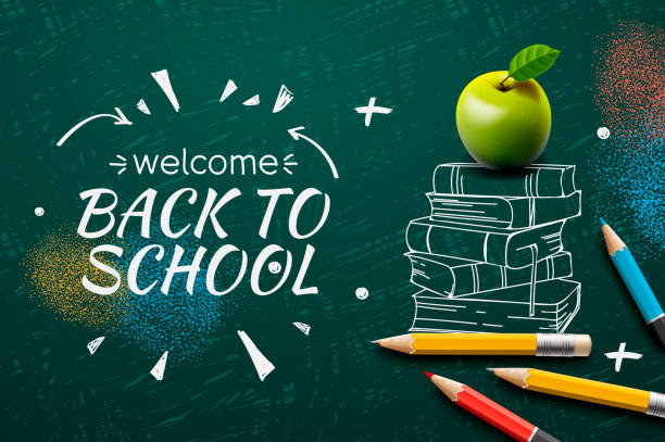 ilustrações de stock, clip art, desenhos animados e ícones de welcome back to school web banner, doodle on black chalkboard background, vector illustration. - back to school