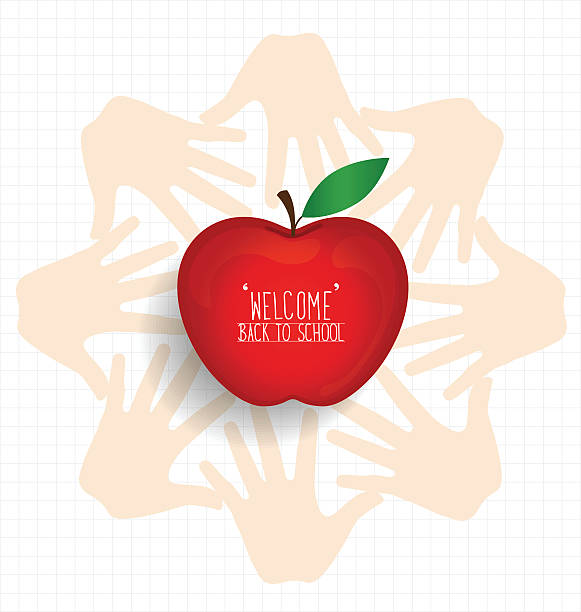 stockillustraties, clipart, cartoons en iconen met welcome back to school with hands and apple, vector illustration - hogeschool rood samen