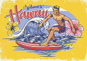 vector of welcome hawaiian surfing
