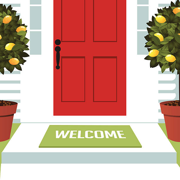 Welcome spring mat at front door with lemon trees vector art illustration