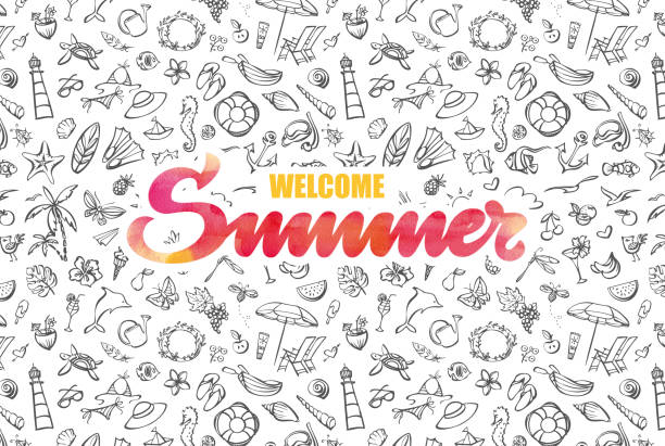 Welcome summer card with watercolor typography Vectorized hand drawn watercolor Summer inscription on summer icons background summer drawings stock illustrations