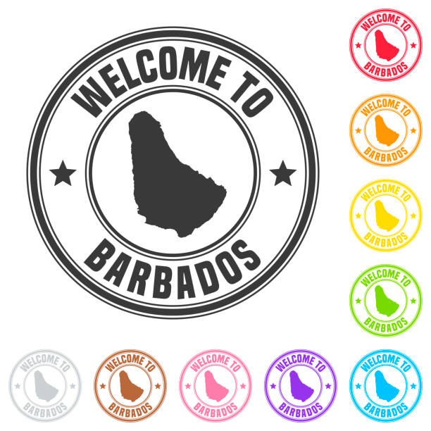 illustrazioni stock, clip art, cartoni animati e icone di tendenza di benvenuti al timbro barbados - distintivi colorati su sfondo bianco - barbados