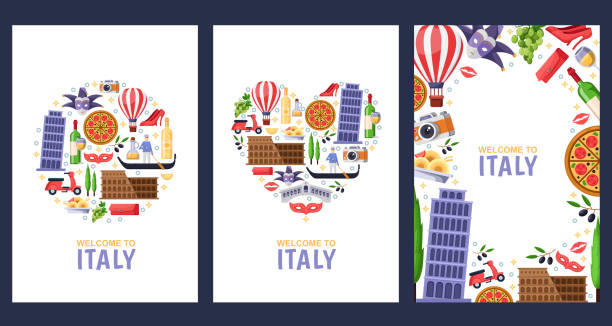Welcome to Italy greeting souvenir cards, print or poster design template. Travel to Roma and Venice flat illustration. Welcome to Italy greeting souvenir cards, print or poster design template. Travel to Roma and Venice flat illustration. Circle, heart shapes and frame background set. pasta borders stock illustrations