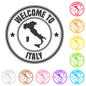Stamp of "welcome to Italy" isolated on a blank background. The stamp is composed of the map in the middle with the name below and "Welcome to" at the top, separated by stars. The stamp is available in different colors (Multi color choice: black, red, orange, yellow, green, blue, purple, pink, brown and gray). Vector Illustration (EPS10, well layered and grouped). Easy to edit, manipulate, resize or colorize.
