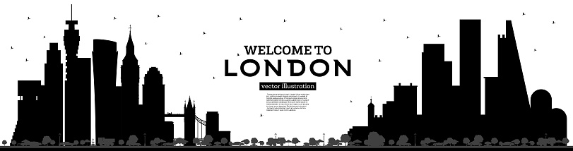 Welcome to London England Skyline Silhouette with Black Buildings Isolated on White.