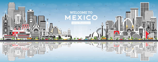 회색 건물, 푸른 하늘과 반사멕시코 시티 스카이 라인에 오신 것을 환영합니다. - tijuana stock illustrations