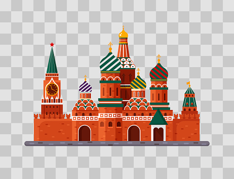 Welcome to Russia. St. Basil s Cathedral on Red square. Kremlin palace on transparent background - vector stock flat illustration. Landscape design