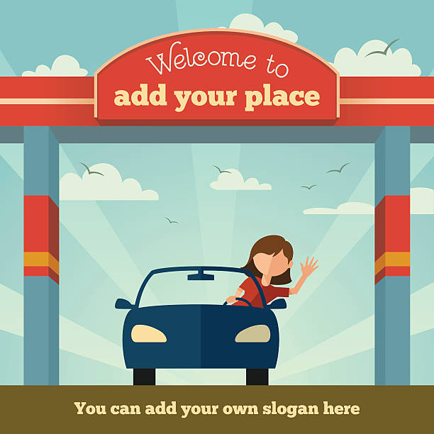 Welcome to sign Young girl rides a car through the gate. Welcome to, sign concept teen driving stock illustrations