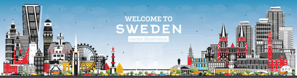 bildbanksillustrationer, clip art samt tecknat material och ikoner med welcome to sweden. city skyline with gray buildings and blue sky. - göteborg city