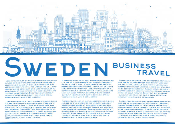 bildbanksillustrationer, clip art samt tecknat material och ikoner med welcome to sweden. outline city skyline with blue buildings and copy space. - göteborg city