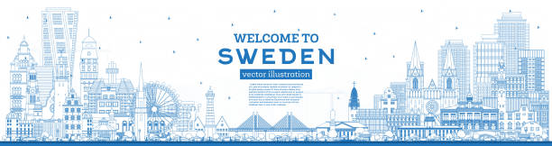 bildbanksillustrationer, clip art samt tecknat material och ikoner med welcome to sweden. outline city skyline with blue buildings. - göteborg city