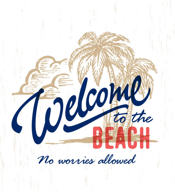 stockillustraties, clipart, cartoons en iconen met 'welkom op het strand' vintage hand getekende strand teken - strandbordjes