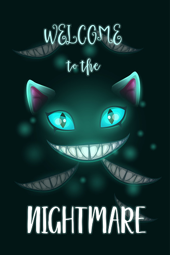 Welcome to the nightmare. Scary Halloween poster with creepy evil cat face.