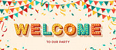 Welcome card or banner with typography design. Vector illustration with retro light bulbs font, streamers, confetti and hanging flag garlands.
